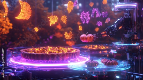 Futuristic Autumn Pie Making with Robot Arm and Neon Lights