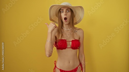 Woman in summer hat and bikini pointing with surprise expression over yellow background - caucasian female amazed with open mouth and hand finger pointing to the side isolated