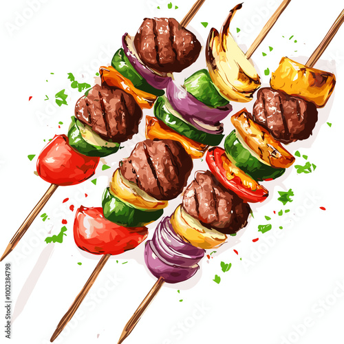 Vector Illustration of Grilled Skewers with Meat and Vegetables
