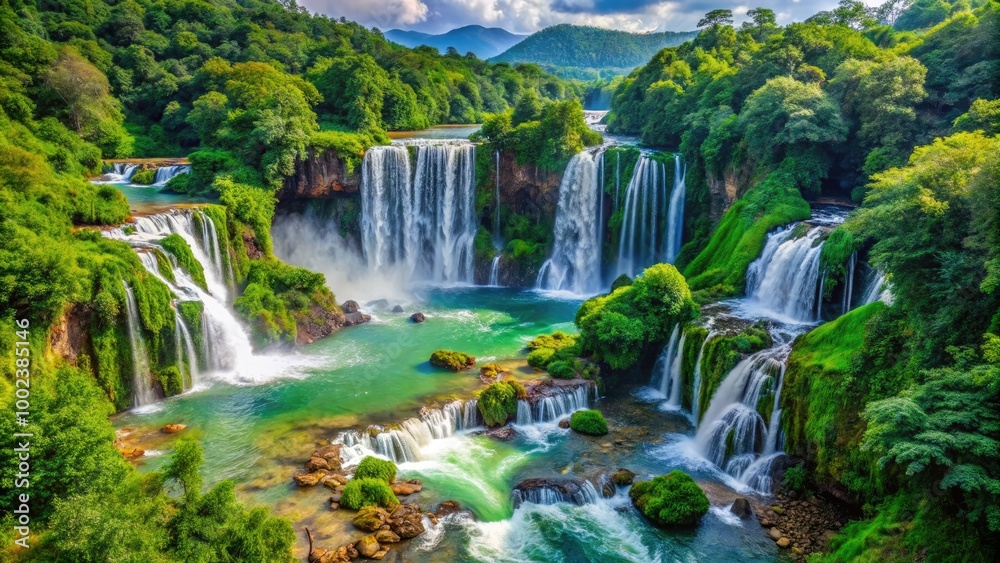 Obraz premium Breathtaking waterfalls flow gently amidst lush greenery, nestled in a serene landscape, bathed in warm daylight, offering a captivating view of nature's beauty.
