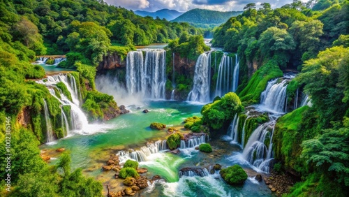 Breathtaking waterfalls flow gently amidst lush greenery, nestled in a serene landscape, bathed in warm daylight, offering a captivating view of nature's beauty.