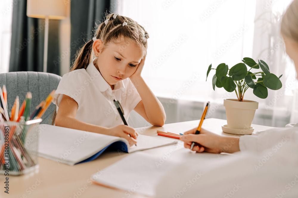 Focused schoolgirl doing homework with private teacher at home Focused schoolgirl doing homework with private teacher at home