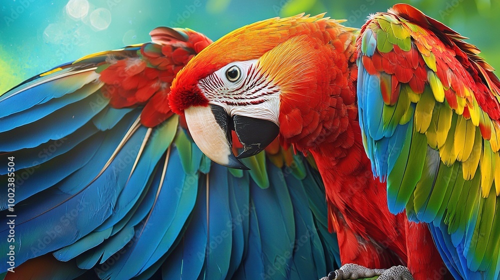 Obraz premium A vibrant parrot perched atop a tree limb, stretching out its wings in flight and tilting its head to one side