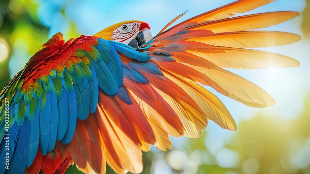 Fototapeta premium A colorful bird with spread-out wings against a tree backdrop
