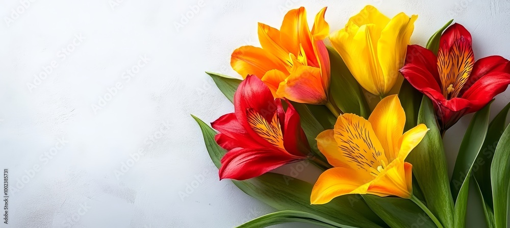 Yellow and Red Alstroemeria Flowers on Light Gray Background, Floral Bouquet with Copy Space Yellow and Red Alstroemeria Flowers on Light Gray Background, Floral Bouquet with Copy Space