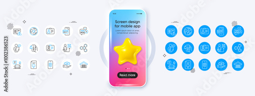 Parking garage, Hold box and Lounge line icons. Phone mockup with 3d star icon. Pack of Fake news, Identification card, Customer survey icon. Leadership, Chemical formula, Air fan pictogram. Vector