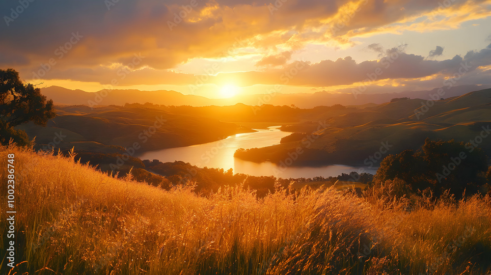 Golden Sunset Over a Serene Lake with Rolling Hills - Landscape Photo Golden Sunset Over a Serene Lake with Rolling Hills - Landscape Photo