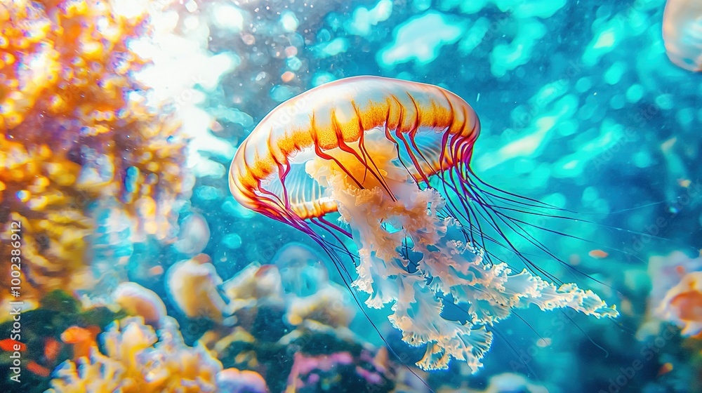   A zoomed-in picture of a jellyfish surrounded by various marine animals and bright sunbeams filtering through the water