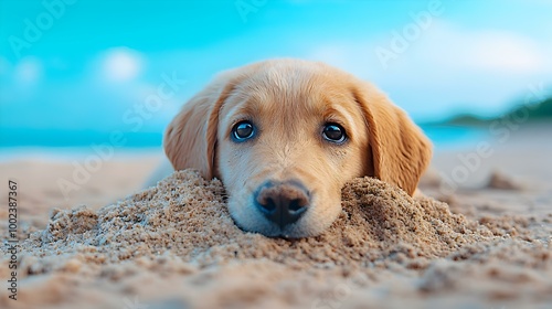 Joyful dog energetically digging in soft sand at a sunny beach, gentle waves lapping nearby, creating a playful and lively scene.