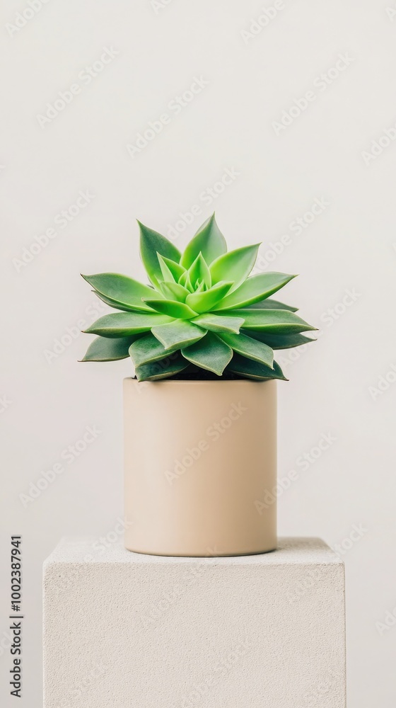 An off-white cylindrical pot holds a vibrant green succulent, elegantly positioned on a concrete pedestal with a soft beige backdrop, showcasing its natural beauty. An off-white cylindrical pot holds a vibrant green succulent, elegantly positioned on a concrete pedestal with a soft beige backdrop, showcasing its natural beauty.