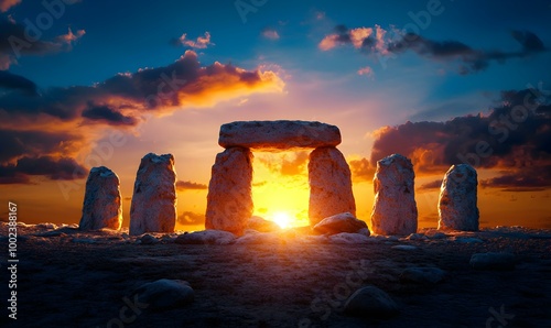 Ancient Stonehenge at Sunset, a mystical scene with towering stones silhouetted against vibrant twilight hues, evoking ancient mysteries and wonder.