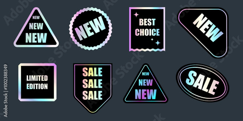 Holographic neon stickers set. Shiny rainbow Gradient labels with holographic effect. emblems for Limited Edition, New, Sale. Vector illustration