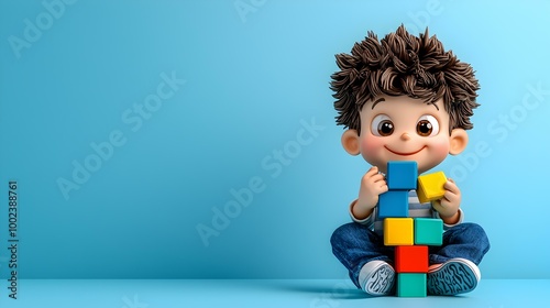 Playful Boy Building a Colorful Tower, a cheerful scene of a young boy stacking vibrant blocks in a sunny, imaginative environment