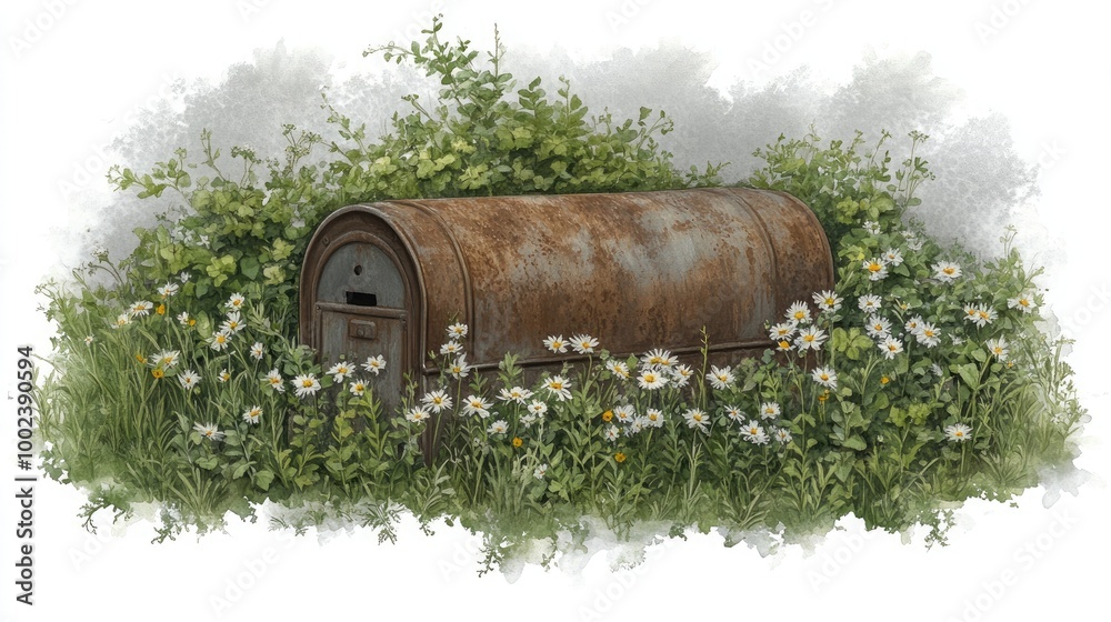 An old, weathered metal mailbox stands proudly among a variety of blooming wildflowers, capturing the beauty of a peaceful countryside in soft pastel colors. An old, weathered metal mailbox stands proudly among a variety of blooming wildflowers, capturing the beauty of a peaceful countryside in soft pastel colors.