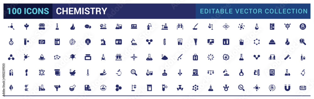 Fototapeta premium Chemistry lab icons set. Related to showing assorted experiments. Filled icon collection, glyph icon for web and ui. Solid icons pack. Vector illustration.
