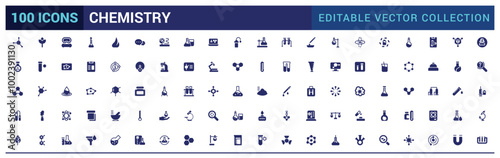 Chemistry lab icons set. Related to showing assorted experiments. Filled icon collection, glyph icon for web and ui. Solid icons pack. Vector illustration.