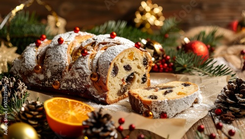 Festive Christmas cake on the table, sprinkled with powdered sugar and decorated with festive pine cones, orange slices, and red ornaments. Loaf is sliced to reveal dark brown fruit