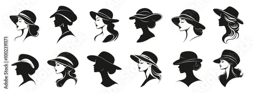 Lady profile silhouette head in a hat set. Head wear fashionable accessory. Pretty woman side view portrait. Glamour style concept. Black and white simple flat logo style. Isolated vector on white