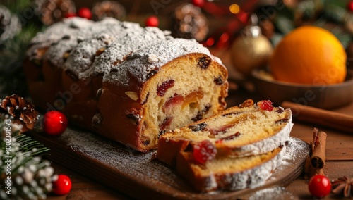 Festive Christmas cake on the table, sprinkled with powdered sugar and decorated with festive pine cones, orange slices, and red ornaments. Loaf is sliced to reveal dark brown fruit