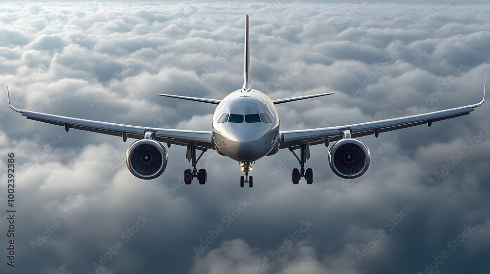 Naklejka premium Airplane Flying Through the Clouds Realistic Image