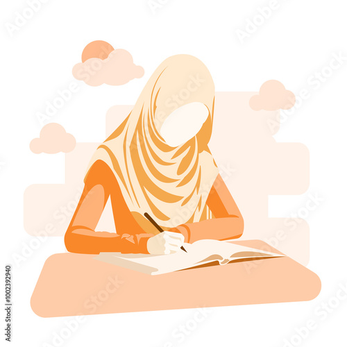 Cute Islamic Hijab Girl Study while sitting in morning Vector Flat Illustration II