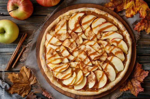 Caramel Apple Dessert Pizza with Cinnamon on Top for a Sweet Treat photo