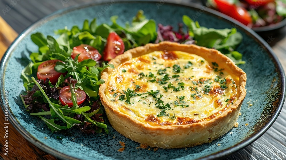 A photo of a close-up plate with both a salad and a pie on a wooden table A photo of a close-up plate with both a salad and a pie on a wooden table