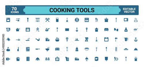 Cooking tools icons set, kitchen essentials, tableware, cutlery and more. Filled icon pack, glyph icon for web and ui. Solid sign collection, Vector illustration.