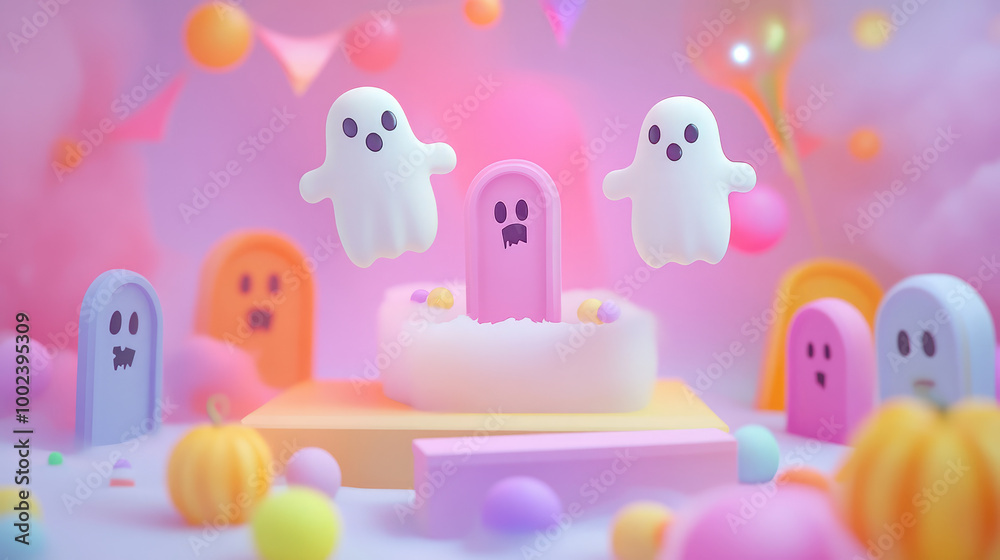 Playful 3D ghosts with pastel designs float gracefully above colorful graves, surrounded by light, cheerful Halloween decorations on a gentle, soft background.