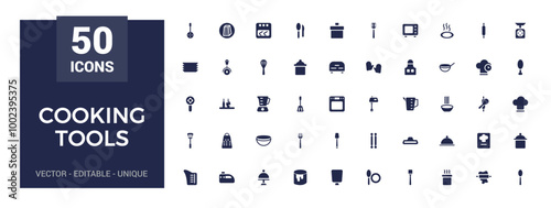 Cooking tools icons set, kitchen essentials, tableware, cutlery and more. Filled icon pack, glyph icon for web and ui. Solid sign collection, Vector illustration.