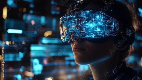 A futuristic female character wearing holographic glasses with digital data and cyberpunk elements, in an urban night setting with neon lights and skyscrapers, creating a high-tech atmosphere