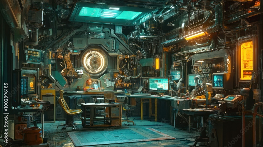 Futuristic Cyberpunk Interior with Industrial Design and Technology Futuristic Cyberpunk Interior with Industrial Design and Technology