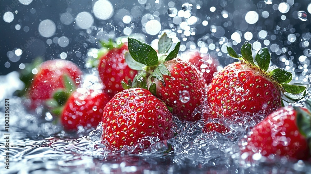A collection of strawberries submerged in water against a monochrome backdrop, surrounded by ripples A collection of strawberries submerged in water against a monochrome backdrop, surrounded by ripples