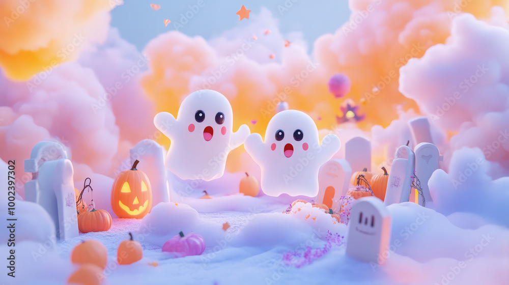 Two ghosts are flying through a graveyard with pumpkins and a cemetery Two ghosts are flying through a graveyard with pumpkins and a cemetery