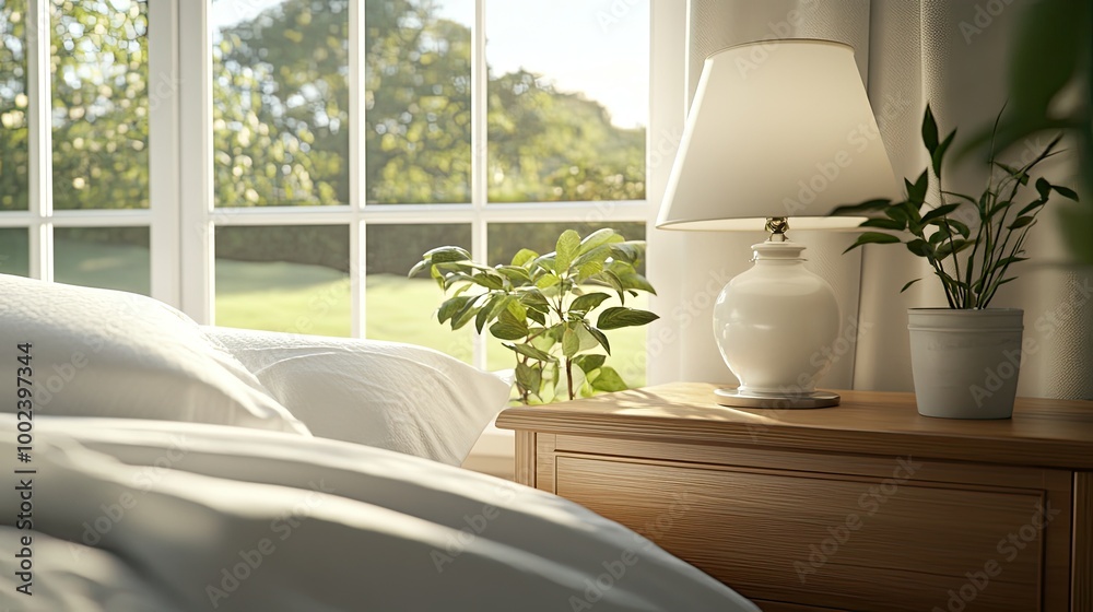 The bedside table features a modern wooden design, adorned with a potted plant, while soft lighting enhances the serene atmosphere of the bedroom filled with greenery The bedside table features a modern wooden design, adorned with a potted plant, while soft lighting enhances the serene atmosphere of the bedroom filled with greenery