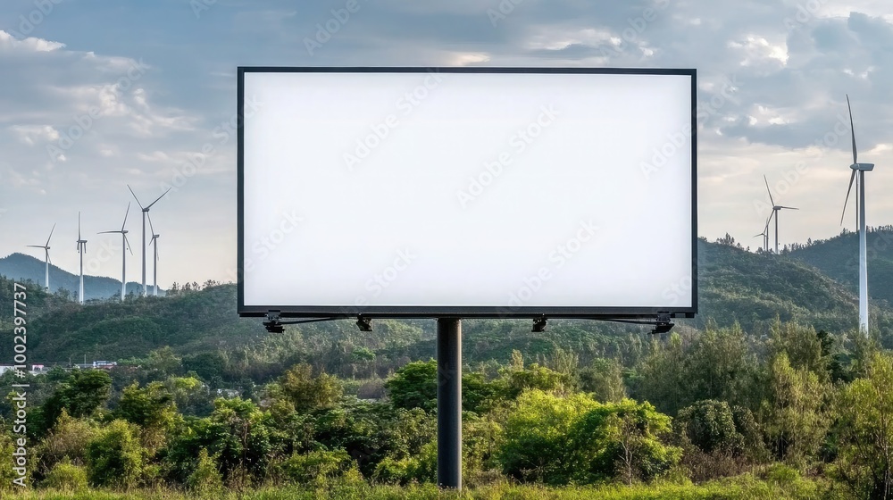 A solitary white billboard is positioned in an open field surrounded by rolling green hills and several wind turbines, creating a serene, picturesque backdrop A solitary white billboard is positioned in an open field surrounded by rolling green hills and several wind turbines, creating a serene, picturesque backdrop