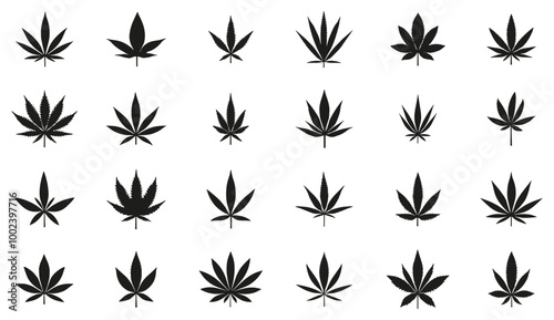 Marijuana leaf monochrome icons set. Cannabis. Medical plant herb. Forbidden grass. Healthcare educational botanical materials element. Black and white simple flat style. Isolated vector on white