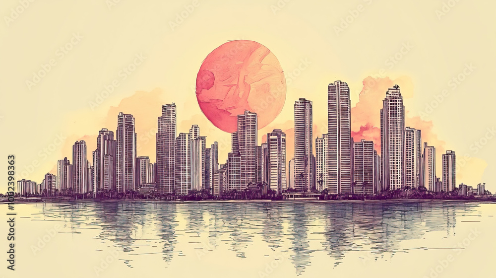 Obraz premium Chitre, Panama, color pen pencil hand-drawn effect drawing illustration for travel poster, card, wallpaper, backdrop or banner. Modern, clear, artistic and simple