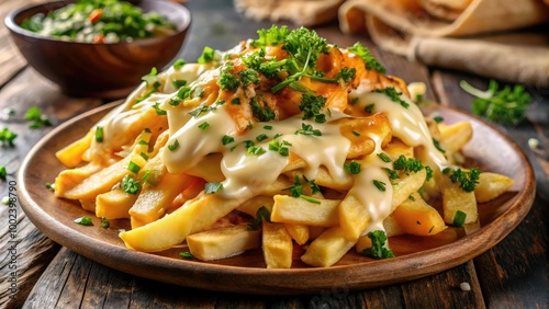 Golden, crispy French fries drizzled with gooey melted cheese, topped with a sprinkle of fresh herbs and spices for a delicious, flavorful twist.