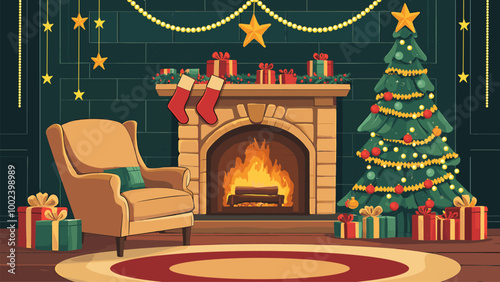 New year and Christmas background. Room interior with armchair in front of the fireplace. Decorated Christmas tree with presents and lights. Cosy holiday atmosphere. Cartoon style vector illustration
