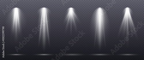 Sources of light, spotlights collection. White light effects, concert lights on dark transparent background.