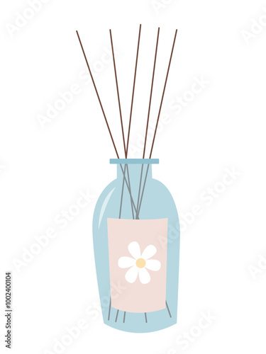 Vector aroma diffuser with bamboo sticks on white background. Aroma sticks in glass bottle flat vector illustration
