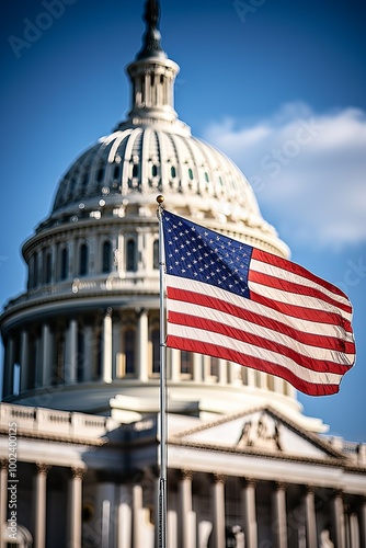 American flag waving in front of the United States Capitol building under a clear sky