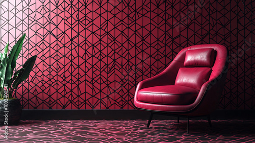 Modern wallpaper with a pink and black techno pattern, incorporating seamless geometric shapes and a 3D wireframe design