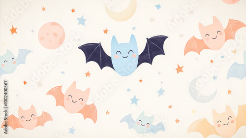 A cartoonish drawing of a group of bats flying in the sky with a moon