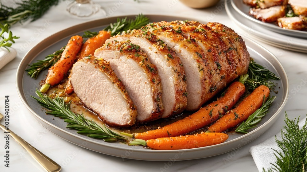 Tender slices of pork shoulder glazed with honey are paired with perfectly cooked carrots, creating a delicious and satisfying dish suitable for dinner. Tender slices of pork shoulder glazed with honey are paired with perfectly cooked carrots, creating a delicious and satisfying dish suitable for dinner.