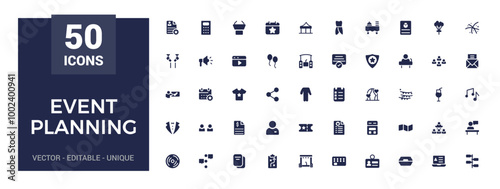 Event planning icons collection. Related to decorations, venue, glyph icon for web and ui. Filled icons pack, Solid icon set. Vector illustration.