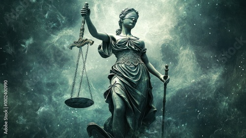 Blindfolded Statue of Justice Holding Scales and a Sword