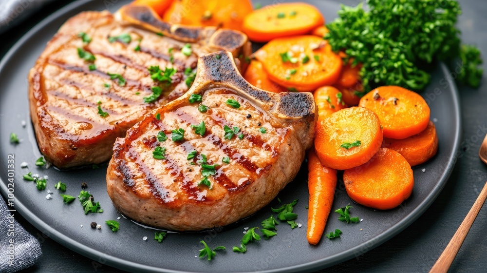 Tender slices of pork shoulder glazed with honey are paired with perfectly cooked carrots, creating a delicious and satisfying dish suitable for dinner Tender slices of pork shoulder glazed with honey are paired with perfectly cooked carrots, creating a delicious and satisfying dish suitable for dinner