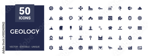 Set of geology icons. Solid style icon bundle. Glyph collection for web and ui. Filled icons pack, Solid icon set. Vector illustration.